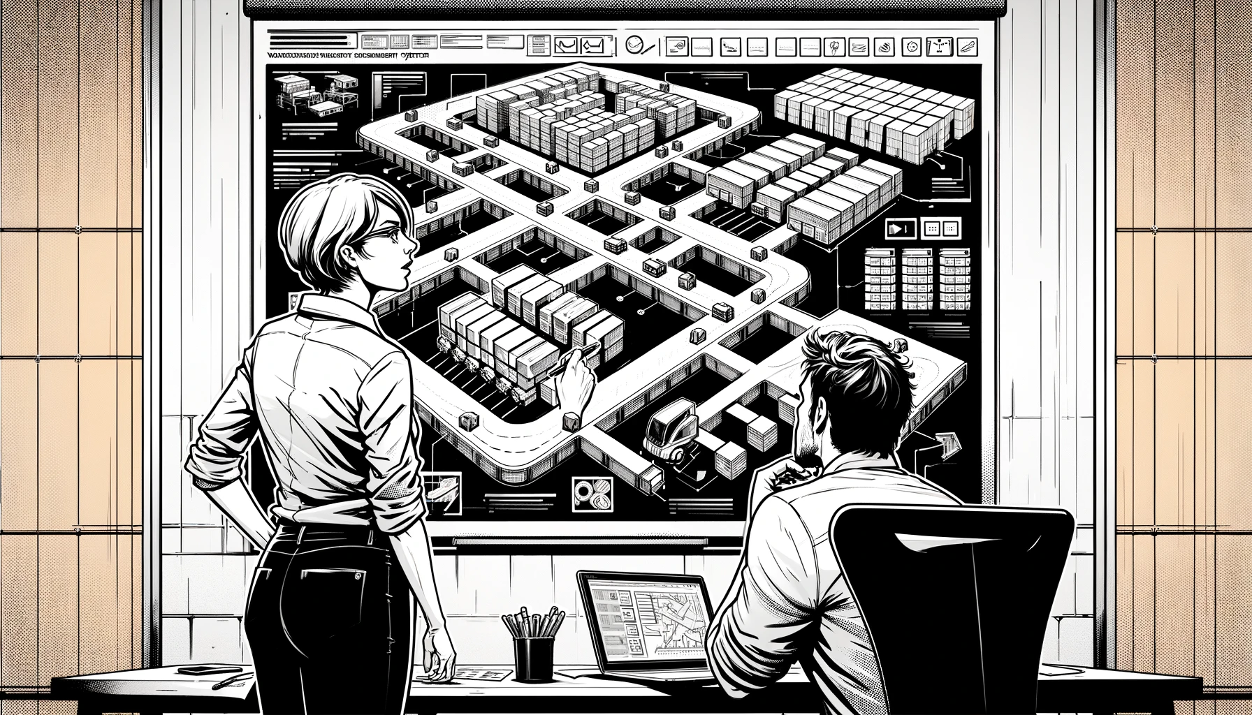 A software development team reimagining their warehouse management system architecture on a large whiteboard, with modular and adaptable cells while the IT head and consultant review the new flexible setup.